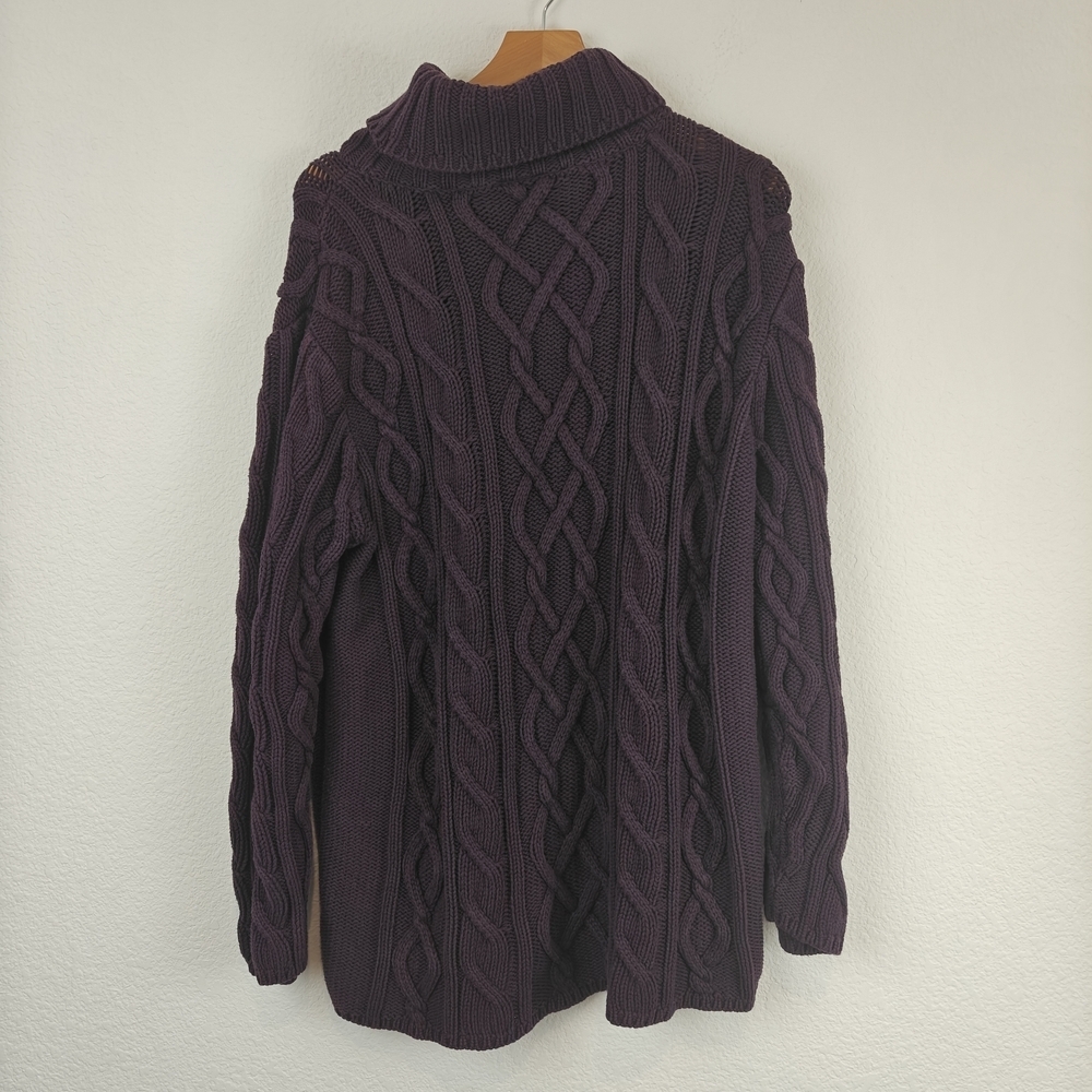 Bryn Walker Cotton Turtleneck Chunky Cable Knit Sweater In Eggplant Purple Sz LG - Picture 7 of 11